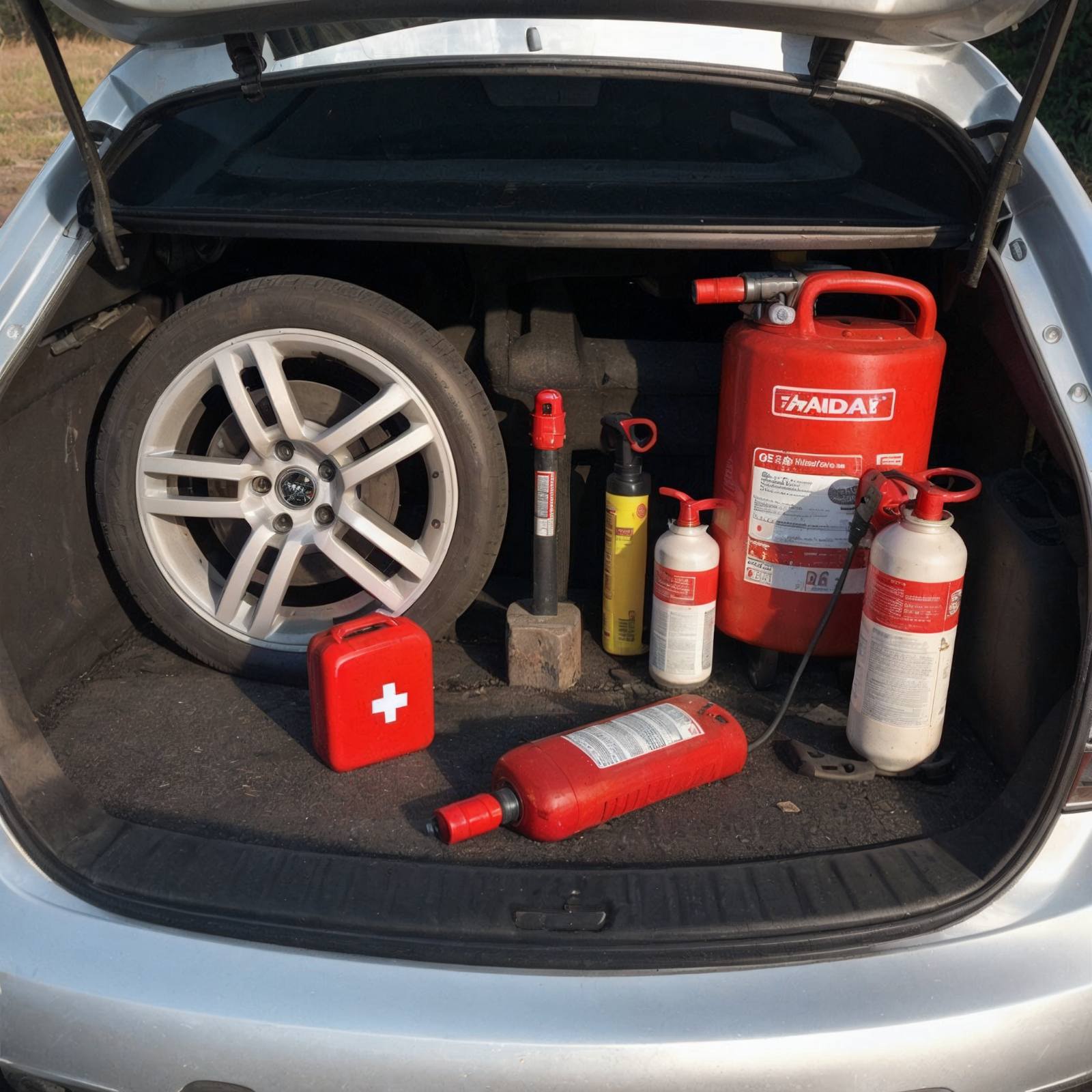 Rezervni točak, prva pomoć, vatrogasni aparati i druge alatke za hitne situacije raspoređeni u prtljažniku srebrnog automobila.