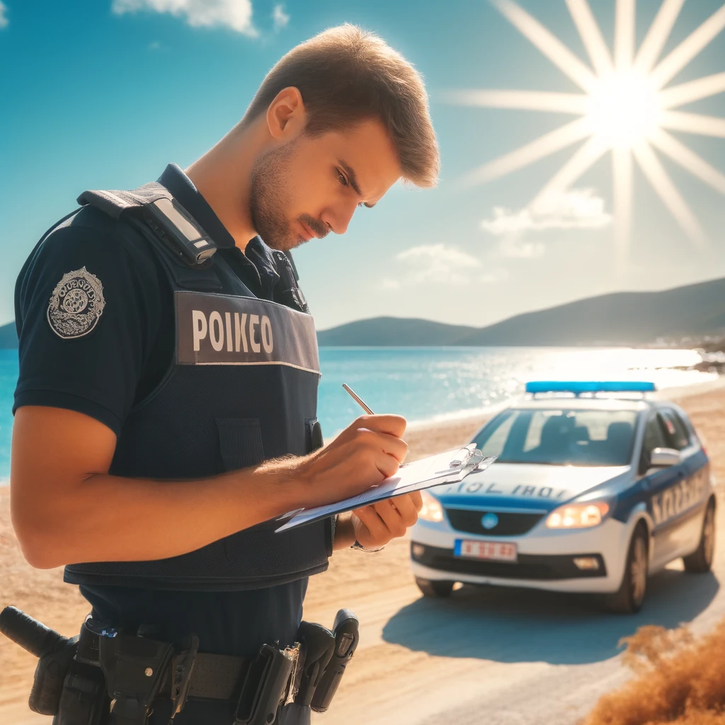 Obavezna oprema za auto u Grčkoj Policajac piše kaznu na sunčanoj plaži u Grčkoj, u pozadini plavo more i sunčano nebo